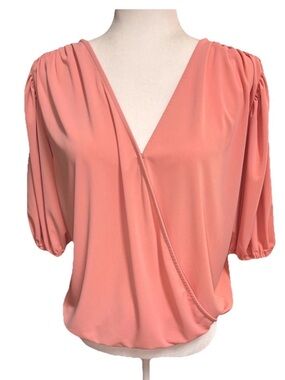 Worthington Orange V-Neck Surplice Short Sleeve Blouse Women’s Large